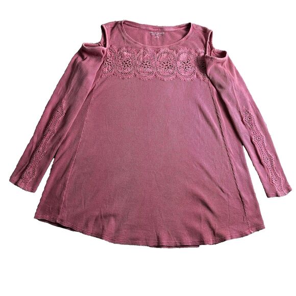 Soft Surroundings Womens Cold Shoulder Thermal Top L Boho Lace Tunic Pink Cotton - Picture 1 of 13